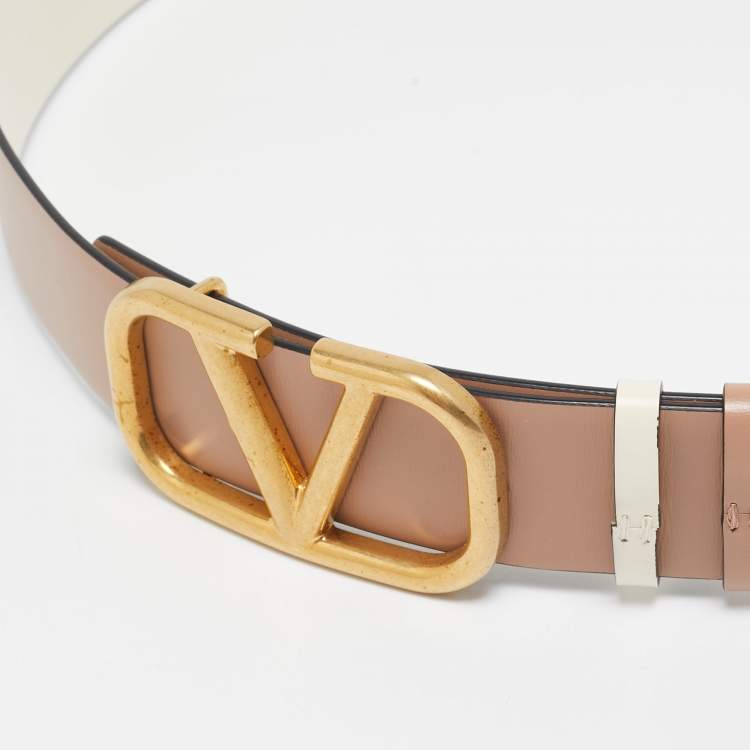 Pre Owned Valentino Beige Leather VLogo Reversible Belt 85CM