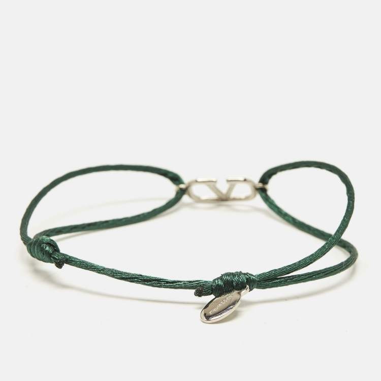 مملوكة مسبقًا Valentino VLogo Silver Tone Green Cord Bracelet