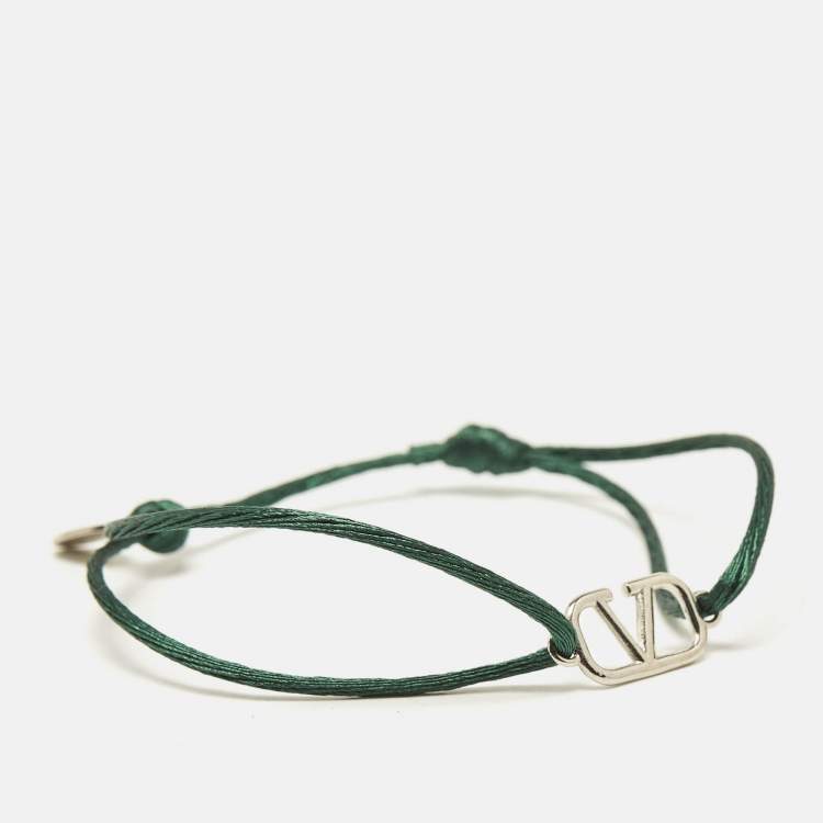 مملوكة مسبقًا Valentino VLogo Silver Tone Green Cord Bracelet