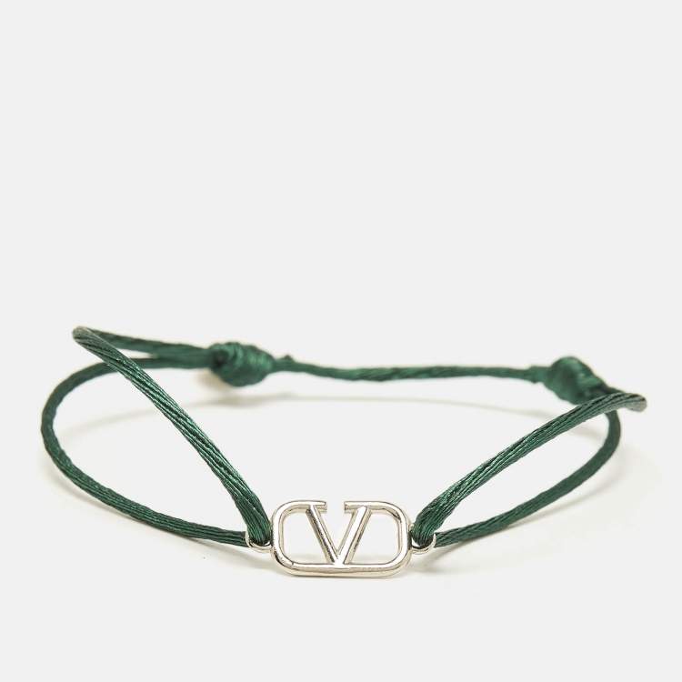 مملوكة مسبقًا Valentino VLogo Silver Tone Green Cord Bracelet