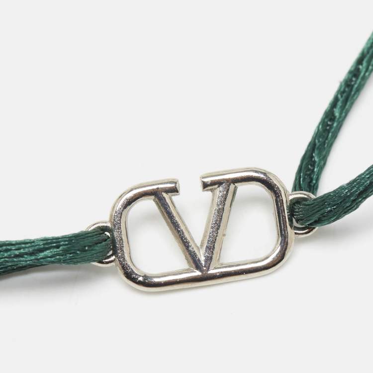 مملوكة مسبقًا Valentino VLogo Silver Tone Green Cord Bracelet