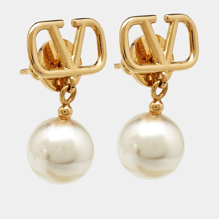 مملوكة مسبقًا Valentino VLogo Signature Faux Pearl Gold Tone Drop Earrings