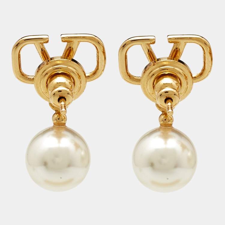 مملوكة مسبقًا Valentino VLogo Signature Faux Pearl Gold Tone Drop Earrings