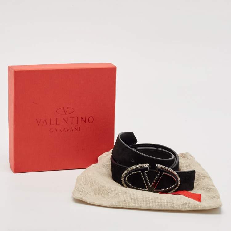 Pre Owned Valentino Black Suede and Leather VLogo Crystals Reversible Belt 80CM