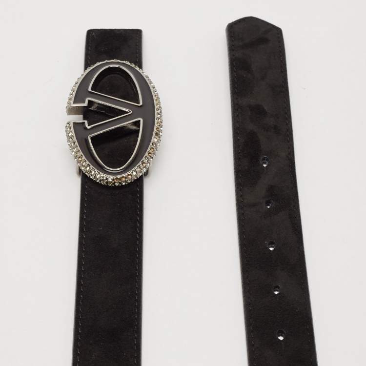 Pre Owned Valentino Black Suede and Leather VLogo Crystals Reversible Belt 80CM