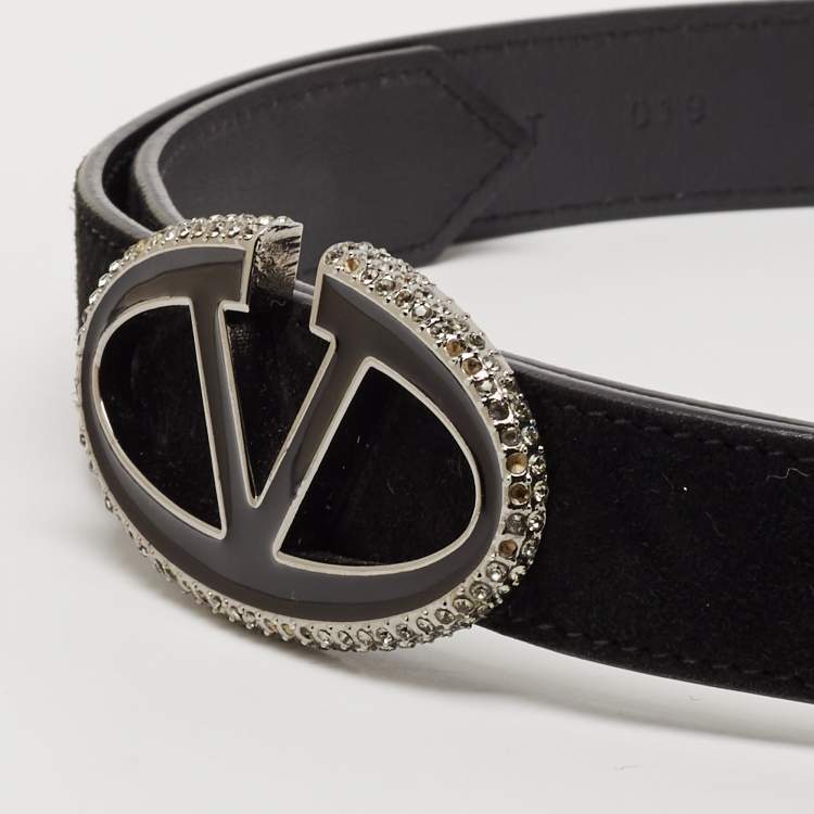 Pre Owned Valentino Black Suede and Leather VLogo Crystals Reversible Belt 80CM