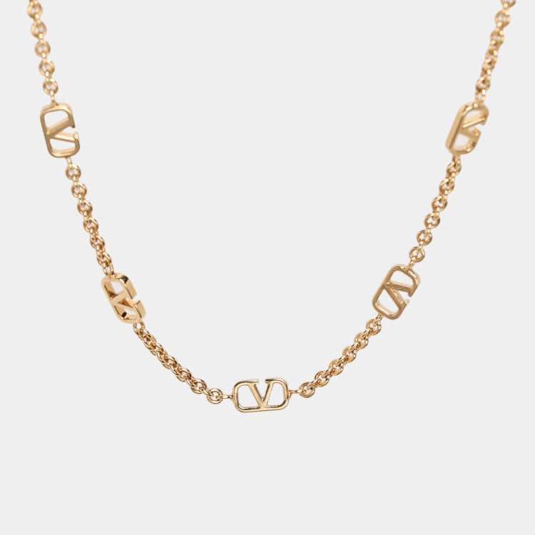 Pre Owned Valentino Gold Tone Metal V Logo Long Necklace