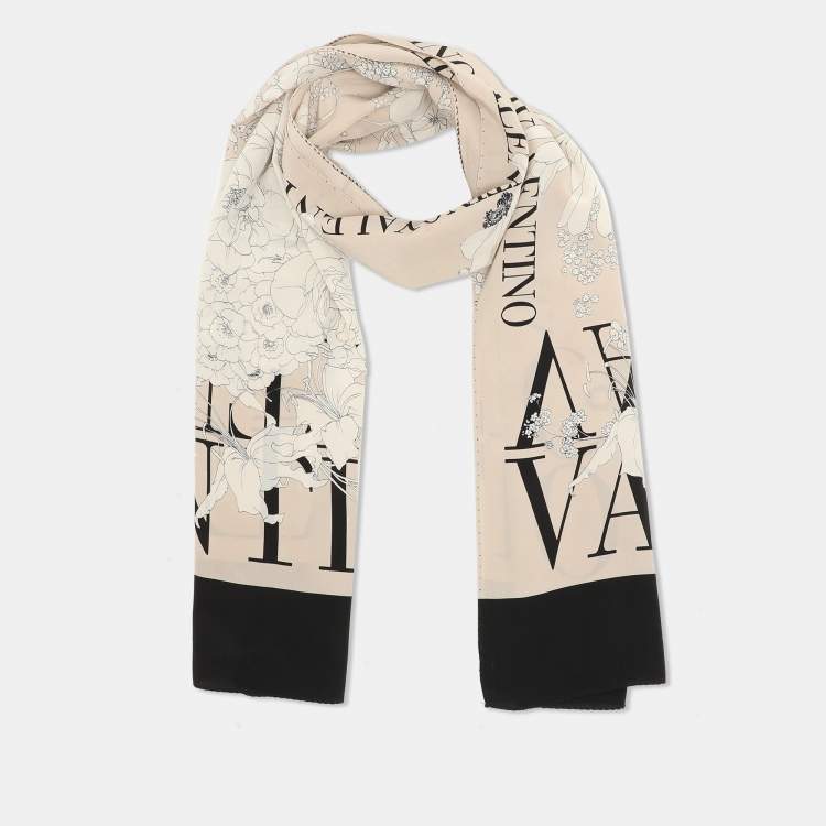 Pre Owned Valentino Beige Floral Print Silk Scarf
