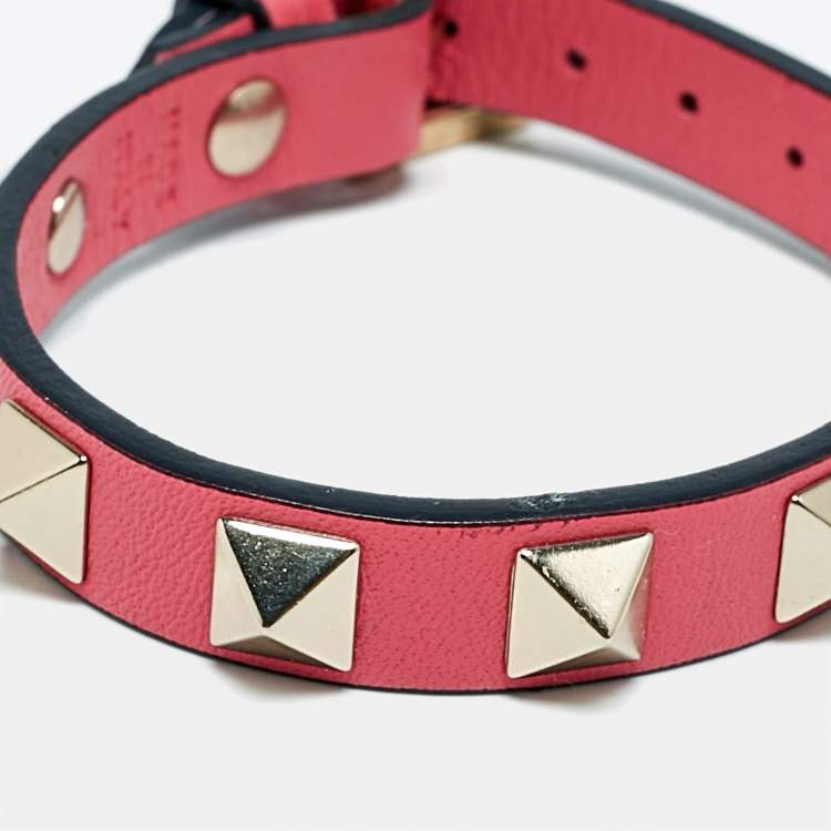 Pre Owned Valentino Rockstud Pink Leather Gold Tone Bracelet