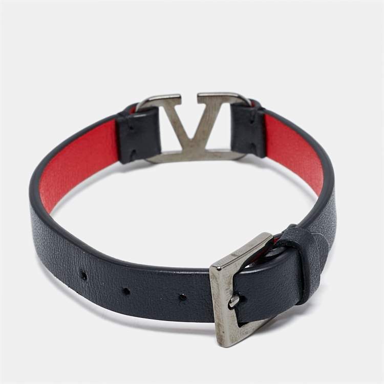 Pre Owned Valentino Vlogo Leather Gunmetal Tone Bracelet
