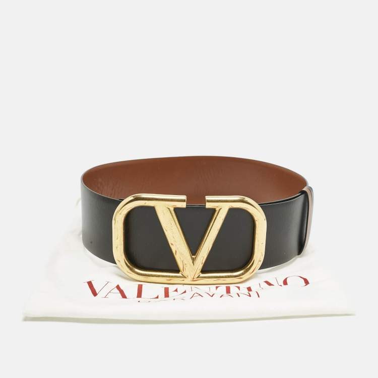 Pre Owned Valentino Black/Brown Leather VLogo Wide Waist Belt 70CM