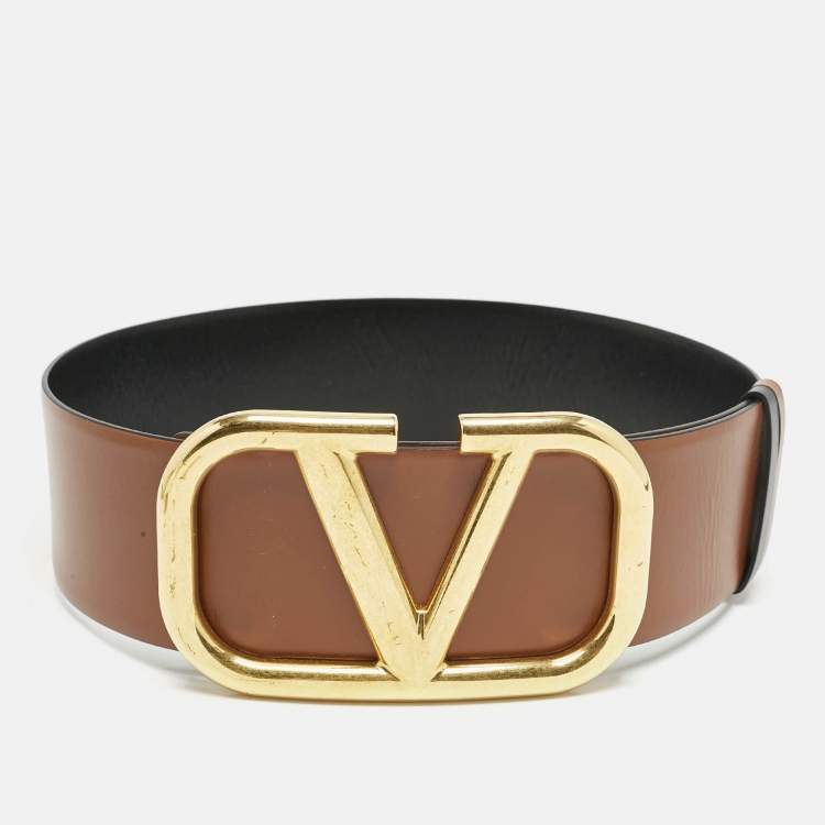 Pre Owned Valentino Black/Brown Leather VLogo Wide Waist Belt 70CM