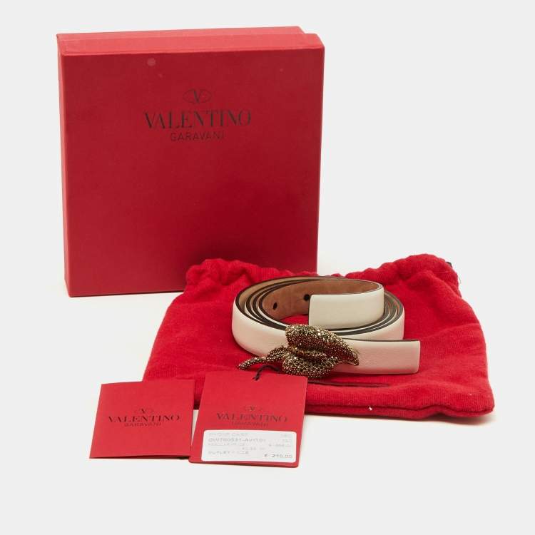 Pre Owned Valentino White Leather Crystal Embellished Slim Buckle Belt 90CM