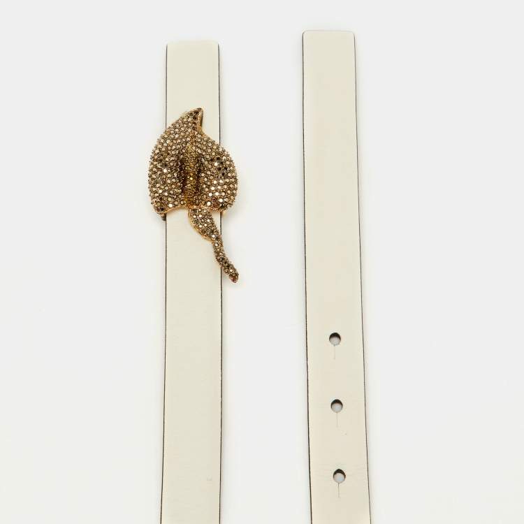 Pre Owned Valentino White Leather Crystal Embellished Slim Buckle Belt 90CM