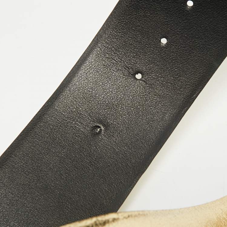 Pre Owned Valentino Gold/Black Leather VLogo Reversible Wide Belt 80CM