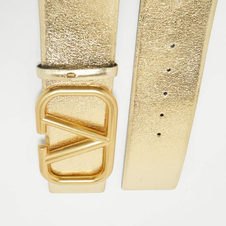 Pre Owned Valentino Gold/Black Leather VLogo Reversible Wide Belt 80CM