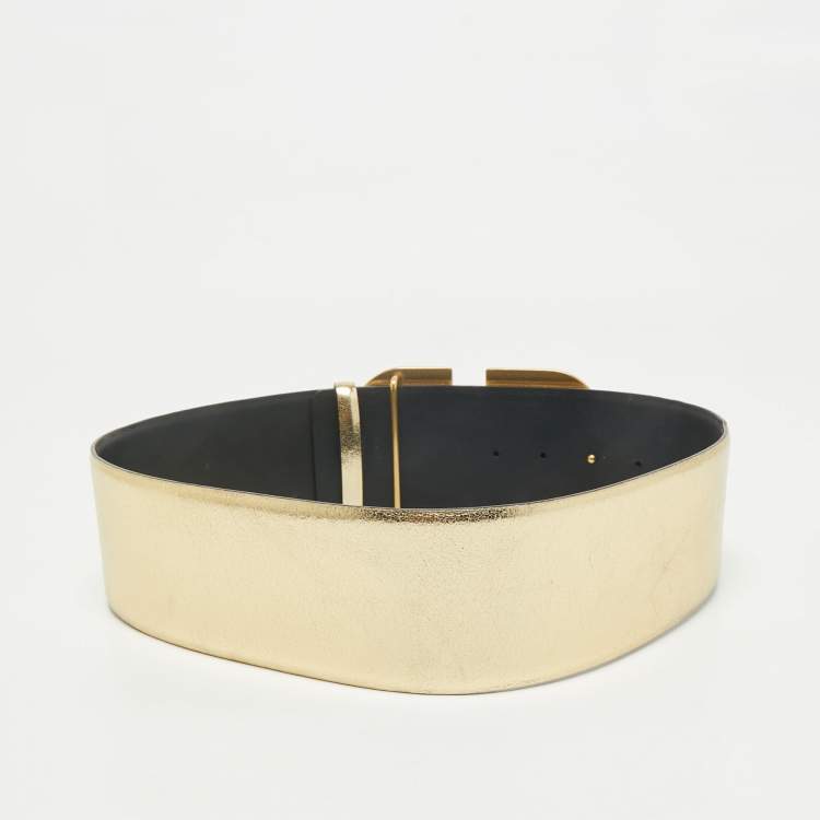Pre Owned Valentino Gold/Black Leather VLogo Reversible Wide Belt 80CM