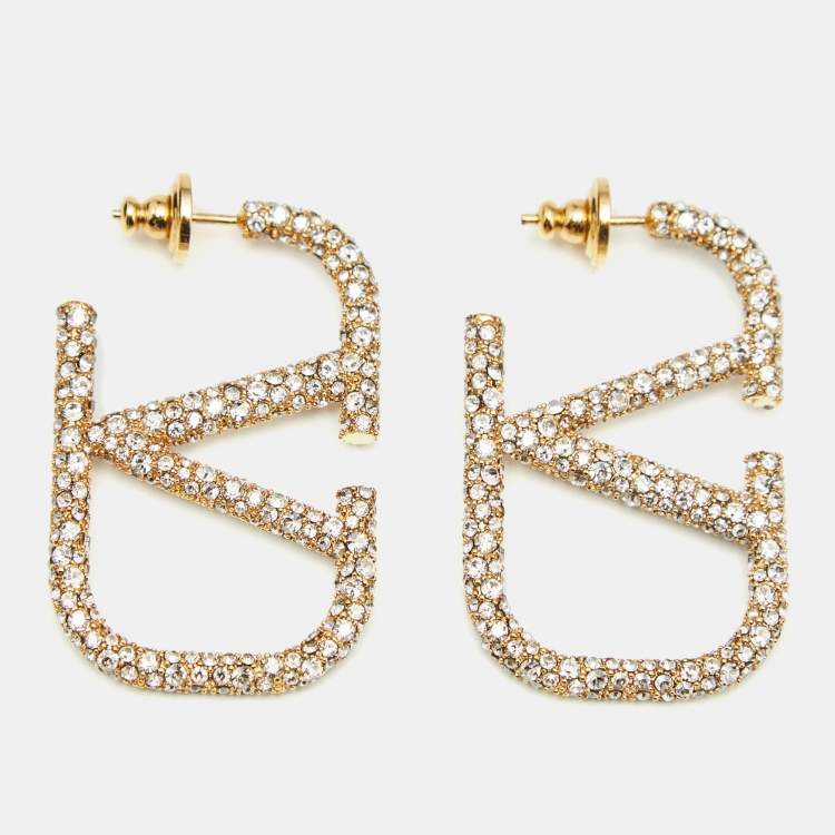 Pre Owned Valentino Vlogo Crystals Gold Tone Earrings