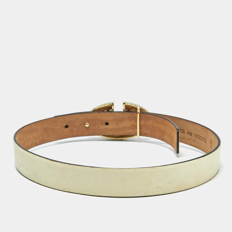 Pre Owned Valentino Cream Leather VLogo Crystals Embellished Belt 65CM