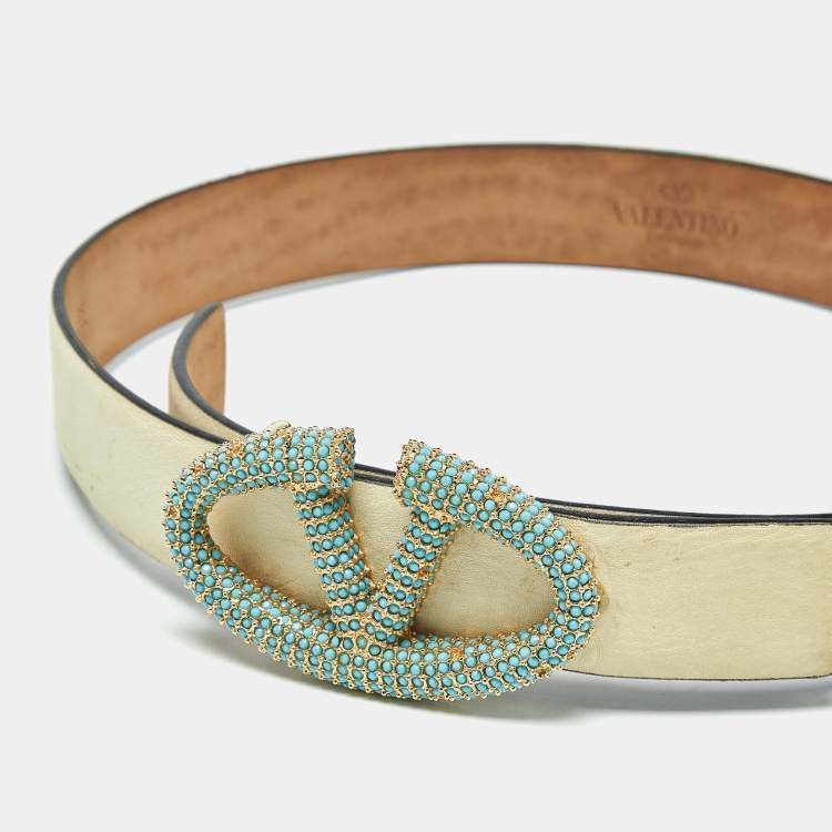 Pre Owned Valentino Cream Leather VLogo Crystals Embellished Belt 65CM