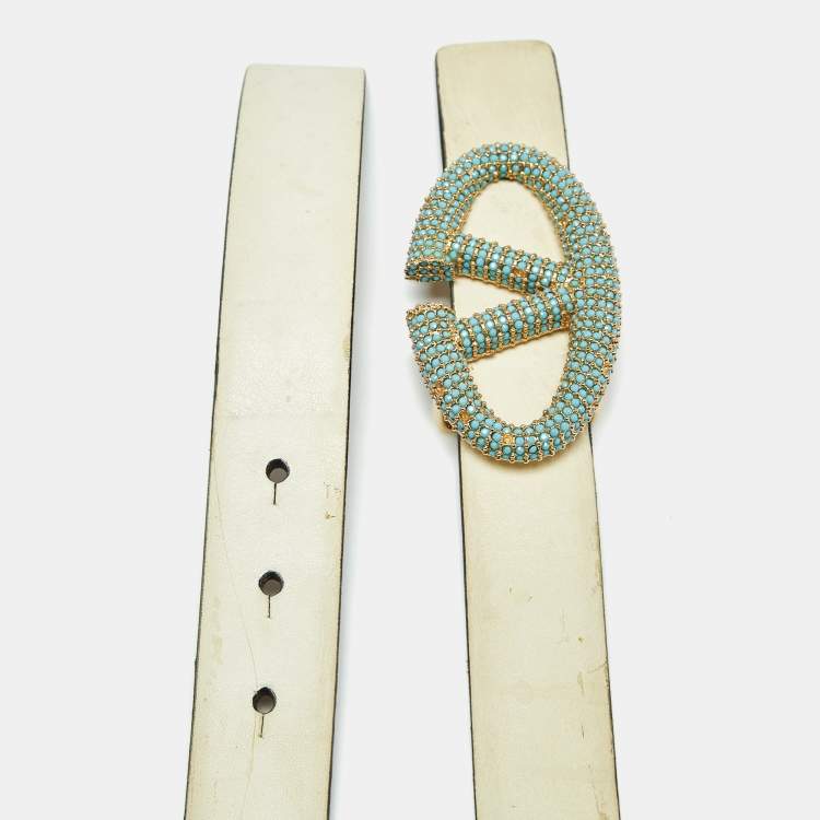 Pre Owned Valentino Cream Leather VLogo Crystals Embellished Belt 65CM