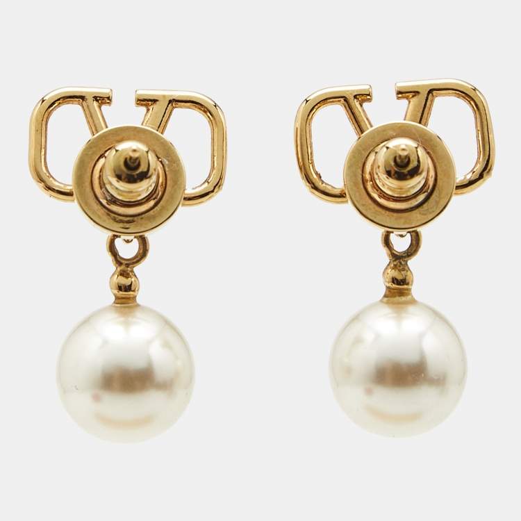 Pre Owned Valentino VLogo Signature Faux Pearls Gold Tone Metal Drop Earrings