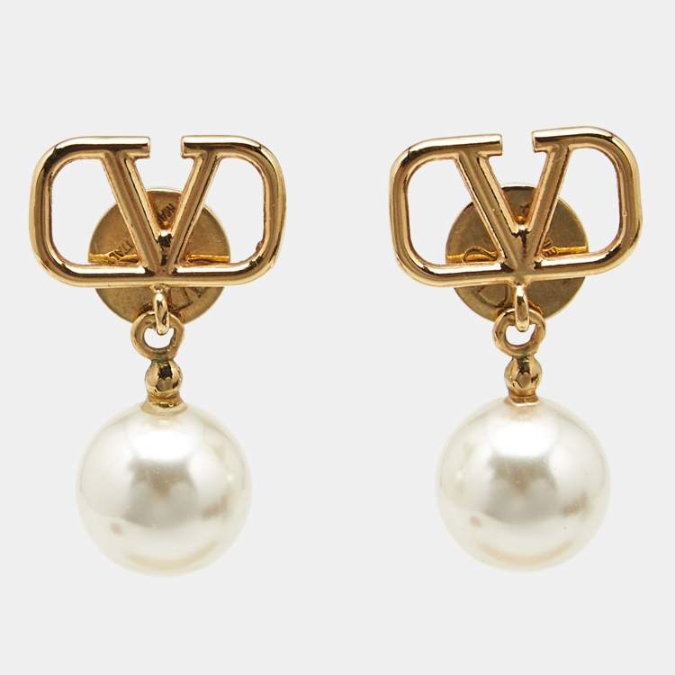 Pre Owned Valentino VLogo Signature Faux Pearls Gold Tone Metal Drop Earrings