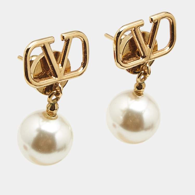 Pre Owned Valentino VLogo Signature Faux Pearls Gold Tone Metal Drop Earrings