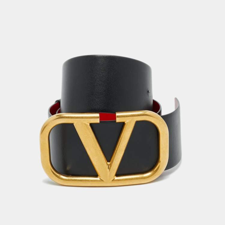 مملوكة مسبقًا Valentino Black/Red Leather VLogo Reversible Waist Belt 110 CM