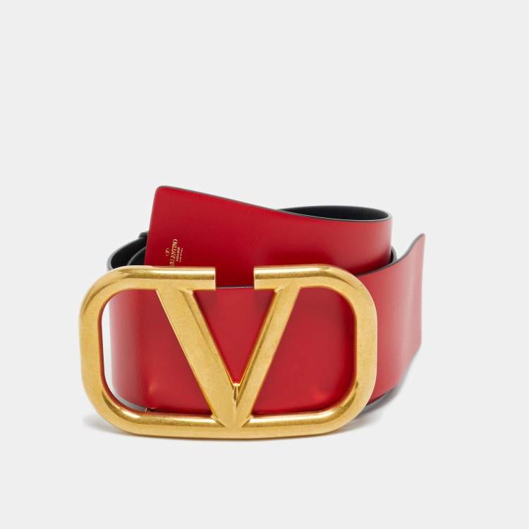 مملوكة مسبقًا Valentino Black/Red Leather VLogo Reversible Waist Belt 110 CM