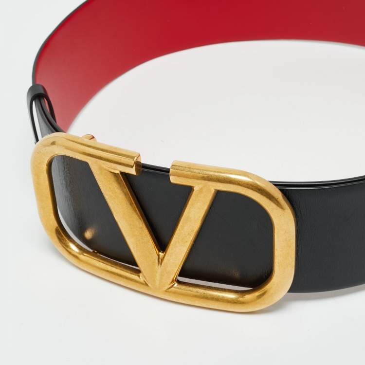 مملوكة مسبقًا Valentino Black/Red Leather VLogo Reversible Waist Belt 110 CM
