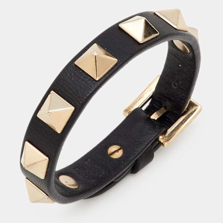 Pre Owned Valentino Rockstud Black Leather Gold Tone Bracelet