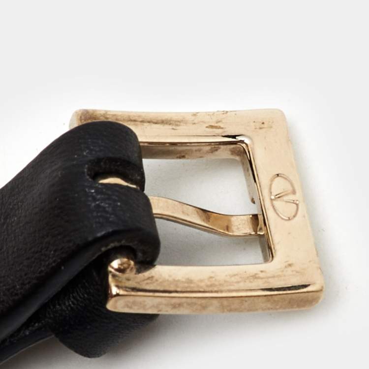Pre Owned Valentino Rockstud Black Leather Gold Tone Bracelet
