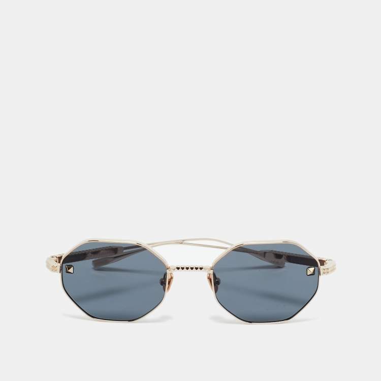 Pre Owned Valentino Black/Gold Tone VLS 122A V Stud Geometric Sunglasses