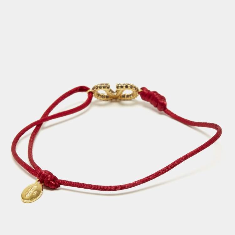 Pre Owned Valentino Vlogo Crystals Gold Tone Cord Bracelet