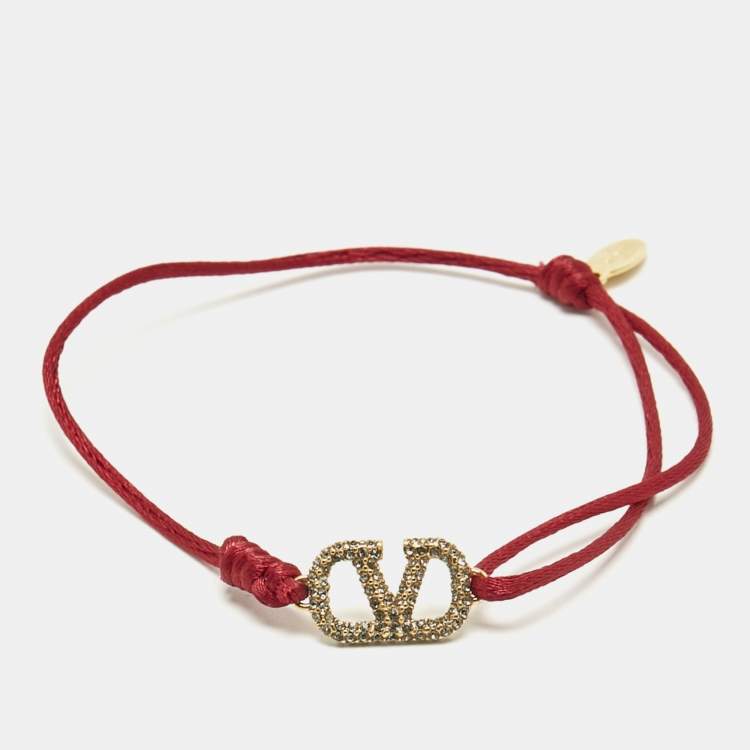Pre Owned Valentino Vlogo Crystals Gold Tone Cord Bracelet