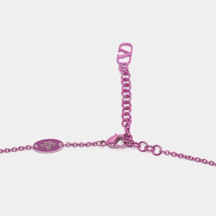 Pre Owned Valentino Purple Pink Rockstud Mirror Box Pendant Chain Necklace