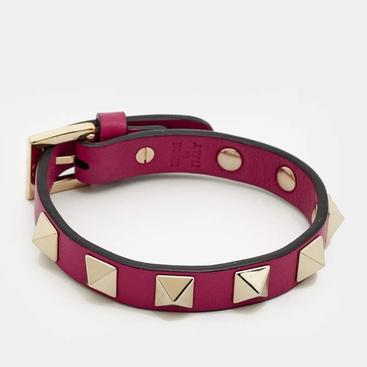Pre Owned Valentino Rockstud Leather Gold Tone Wrap Bracelet