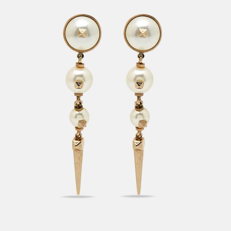 Pre Owned Valentino Rockstud Faux Pearl Gold Tone Earrings