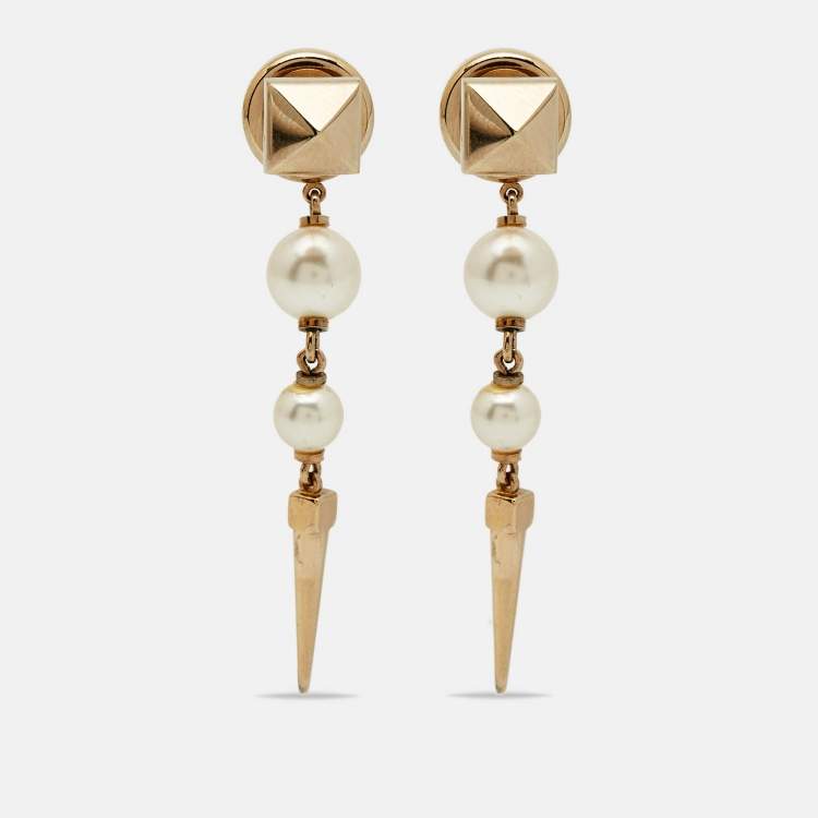 Pre Owned Valentino Rockstud Faux Pearl Gold Tone Earrings