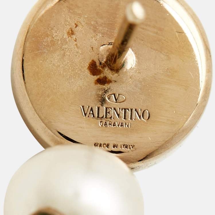 Pre Owned Valentino Rockstud Faux Pearl Gold Tone Earrings