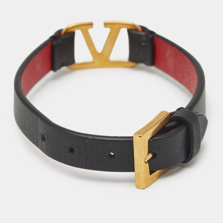 Pre Owned Valentino VLogo Leather Gold Tone Bracelet