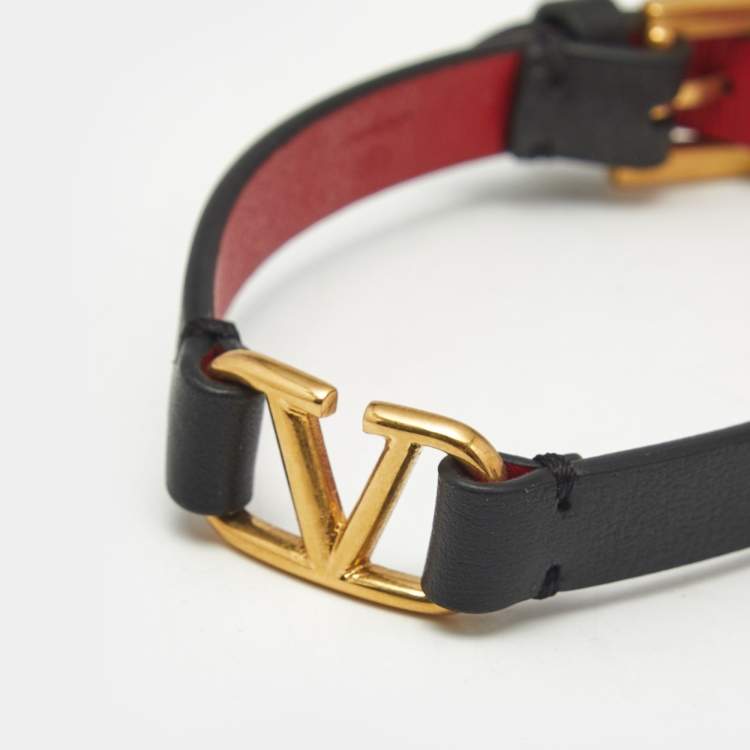 Pre Owned Valentino VLogo Leather Gold Tone Bracelet