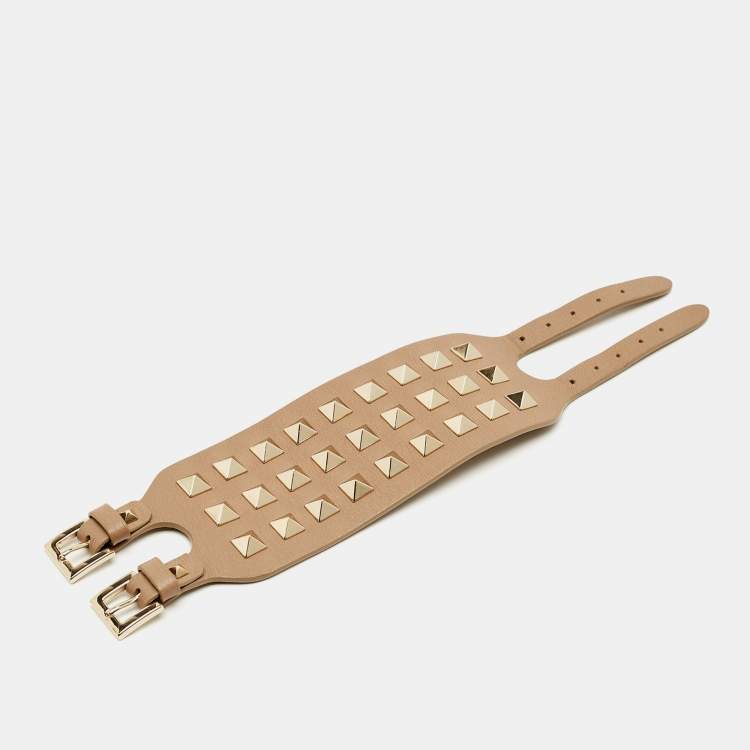 Pre Owned Valentino Leather Rockstud Gold Tone Bracelet