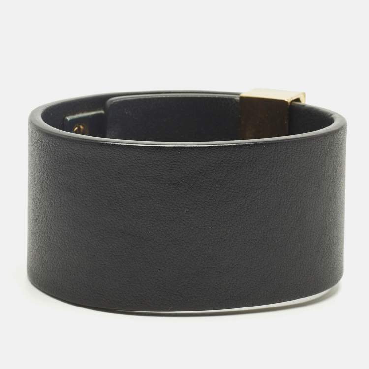 Pre Owned Valentino  Rockstud Black Leather Gold Tone Wide Bracelet