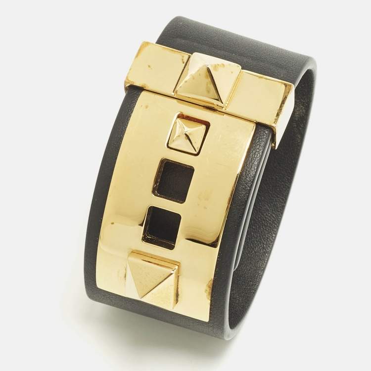 Pre Owned Valentino  Rockstud Black Leather Gold Tone Wide Bracelet