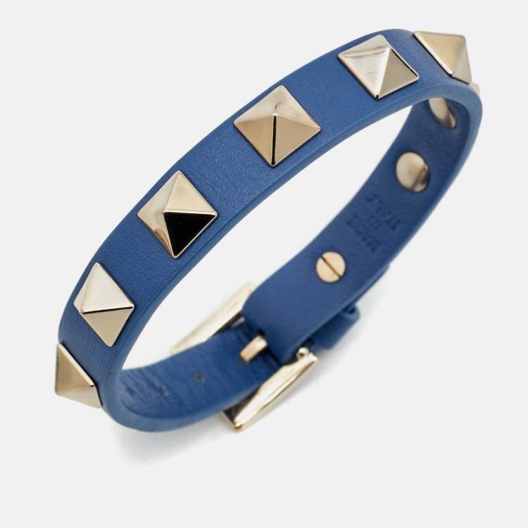 Pre Owned Valentino Rockstud Blue Leather Gold Tone Bracelet