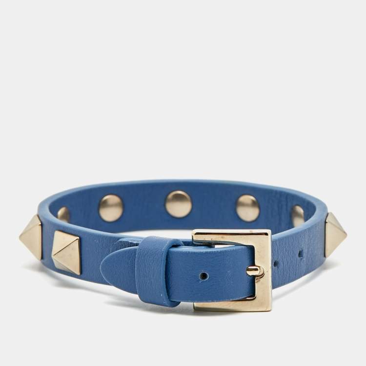 Pre Owned Valentino Rockstud Blue Leather Gold Tone Bracelet