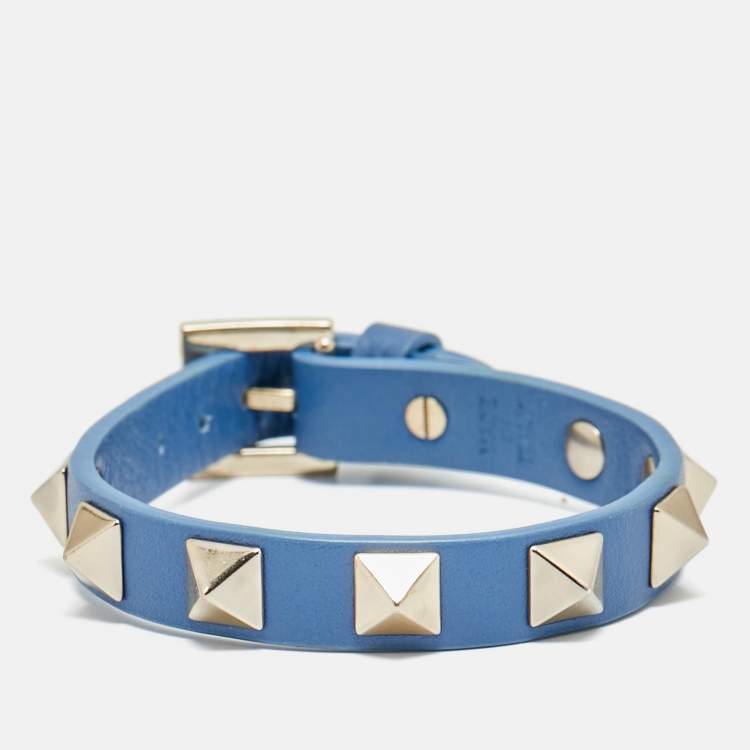 Pre Owned Valentino Rockstud Blue Leather Gold Tone Bracelet