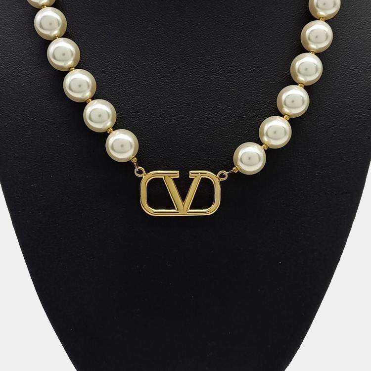 Pre Owned Valentino pearl logo necklace